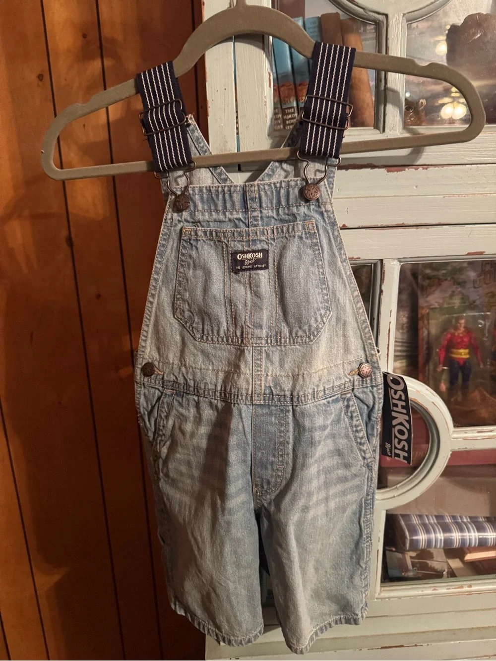 OshKosh B'gosh Light Blue Denim Short Overalls with Navy Striped Straps NWT